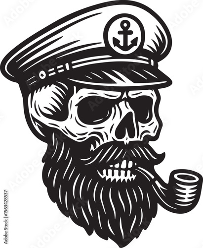 skull using a captain hat and beard smoking a pipe vector illustration