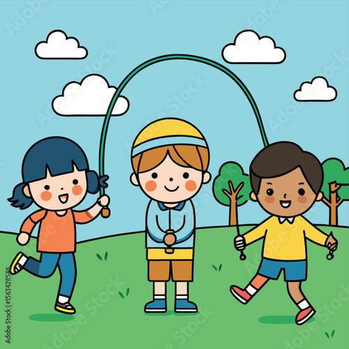Doodle-Style Illustration Kids Playing Outdoor Games Like Skipping Rope