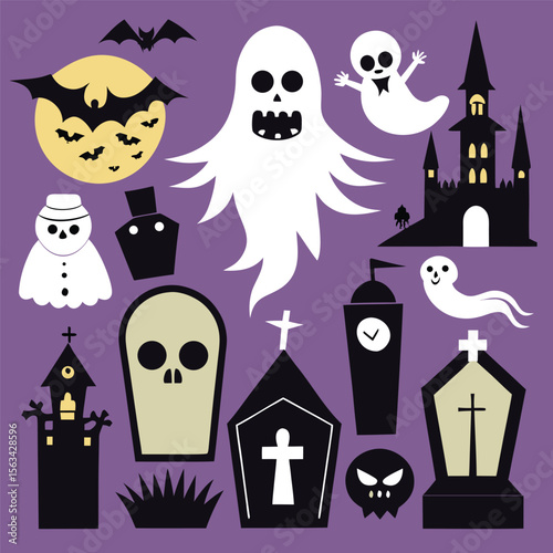 Halloween Scary Faces and Items Silhouette Set