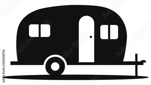 Simple black silhouette of a vintage camper van./A clean, minimalist silhouette of a vintage camper van, perfect for depicting a travel-themed concept.