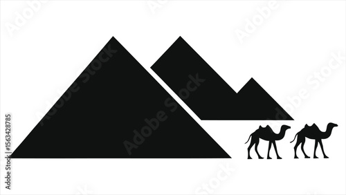 Simple Black and White Silhouette of Pyramids and Camels/A minimalist, black silhouette design showcasing two pyramids and two camels on a plain white background.