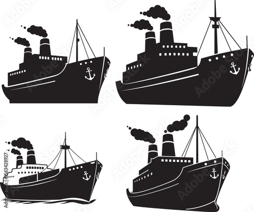 Simple Cargo Ship Ocean Freight Silhouette Vector Set vector illustration