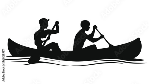 Two people canoeing on calm water, silhouette style./Simple silhouette of two people canoeing on a body of water.