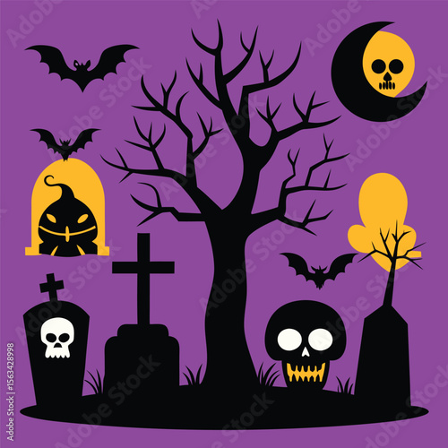 Scary Halloween Landscape with Shadow Characters
