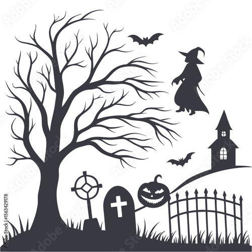 Vector Halloween Scene with Haunted Icons