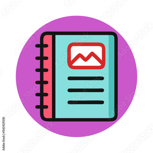 Colorful notebook with a picture and lines on the page, round purple background, copy space