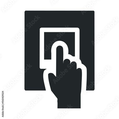 Silhouette of a hand touching a digital interface icon with finger gesture symbol