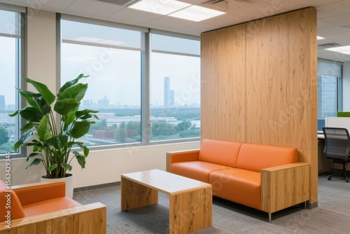 Modern office lounge with orange sofas, wooden accents, and large windows overlooking a cityscape