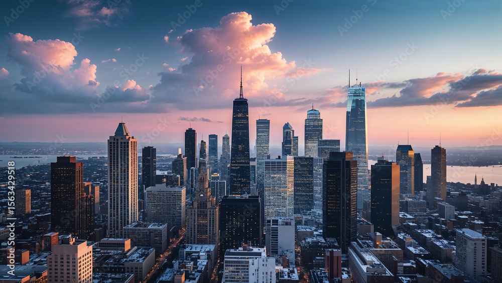 Fototapeta premium Illuminated skyscrapers dominating cityscape at sunset with pink clouds