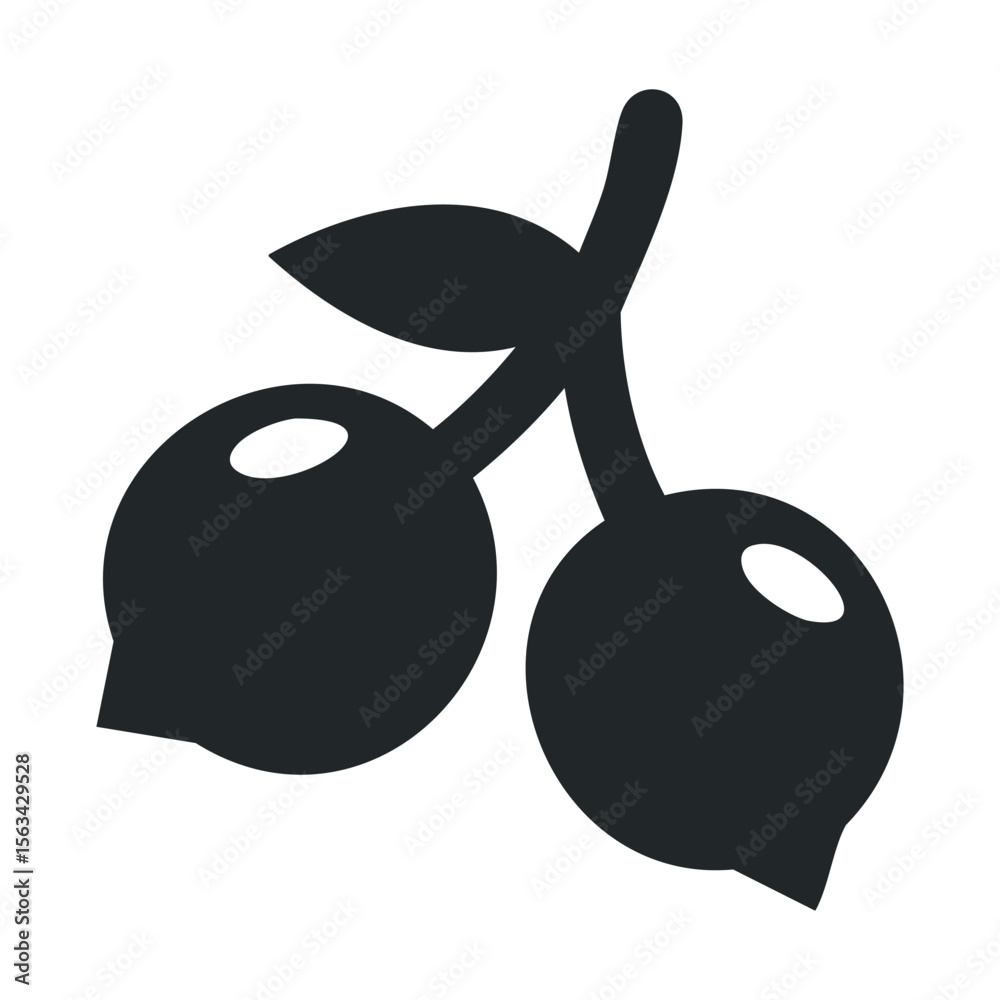 Fototapeta premium Silhouette of two cherries with leaves on a stem