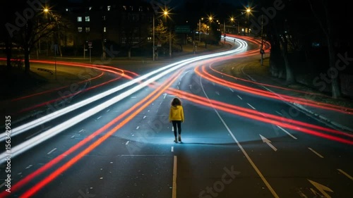 Wallpaper Mural Person in yellow coat standing on empty road at night Torontodigital.ca