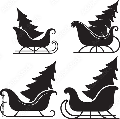 Sleigh with Christmas Tree Holiday Ride Silhouette Vector Set vector illustration