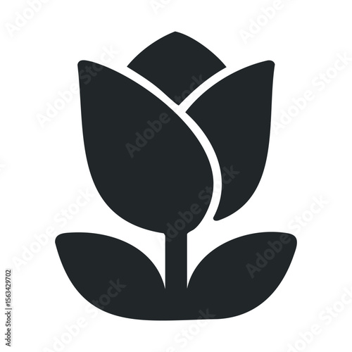Black tulip silhouette on white background: minimalist botanical icon