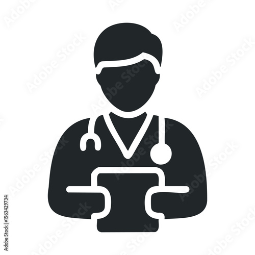 Silhouette of male doctor with stethoscope and tablet icon