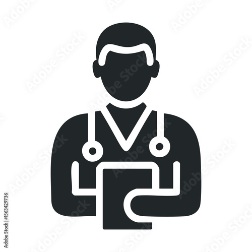 Silhouette of a male doctor with stethoscope and tablet icon