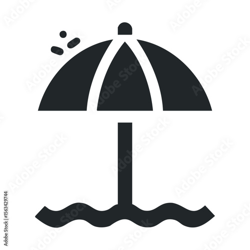 Beach umbrella icon with waves and raindrops in black and white