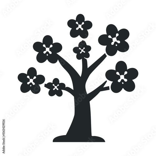 Silhouette of blossoming tree with five-petal flowers on white background