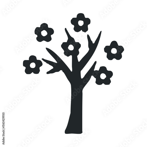 Minimalist black silhouette of a blossoming tree with flowers on white background
