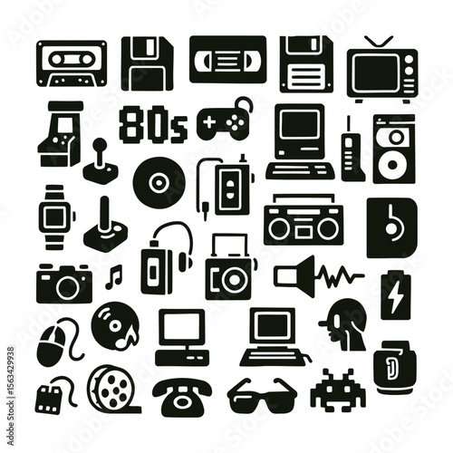1980s Tech Silhouette Icon Set – Retro Gadgets, Electronics, and Media Devices in Black and White for Vintage, Pop Culture, and Nostalgia-Themed Designs