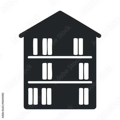 Minimalist black and white library icon with bookshelves