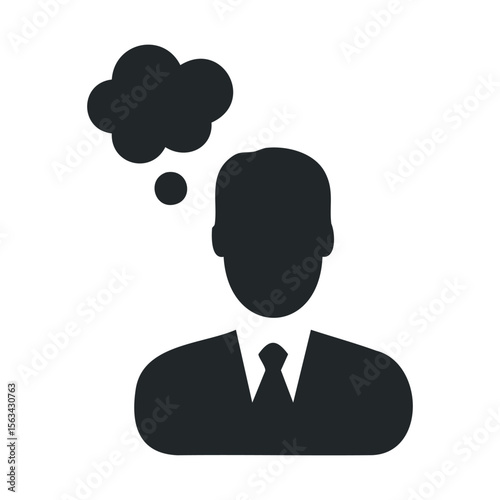 Black and white silhouette of male thinking with thought bubble