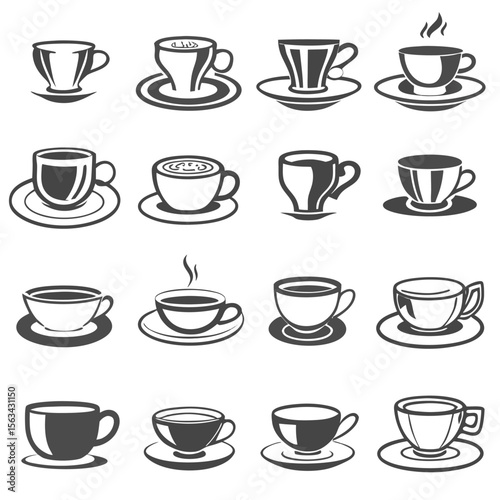 Collection of elegant teacup and saucer silhouette icons in various colors