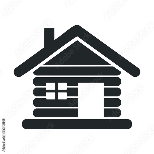 Simple black log cabin icon with chimney and window elements