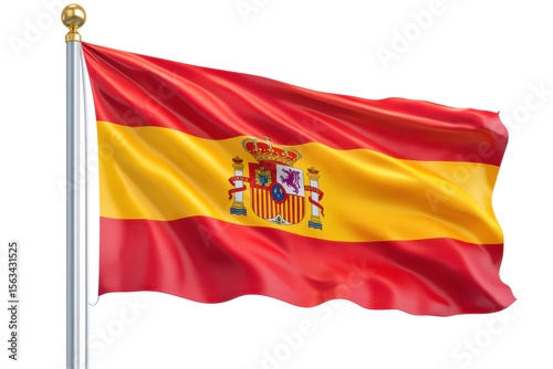 Spanish Flag Waving proudly on a flagpole Spain national symbol patriotism red yellow coat of arms, isolated on a transparent background