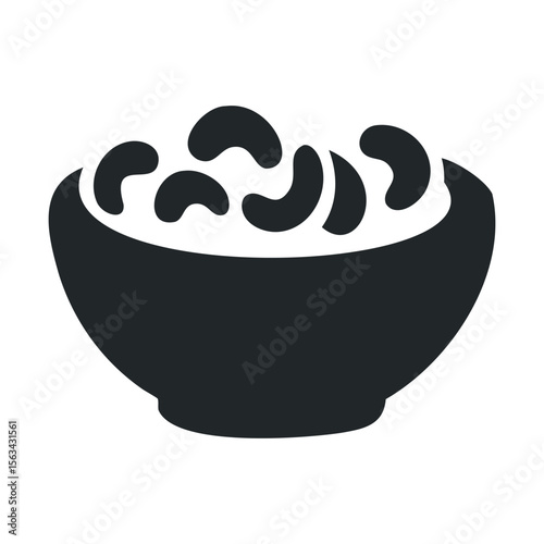Black icon of a bowl filled with cashews on white background