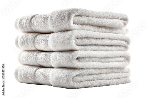 Stack of fluffy white towels soft and clean bath linens isolated on a transparent background