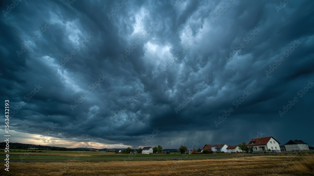 Fototapeta premium Dramatic stormy sky over rural landscape with dark clouds and houses