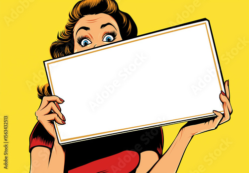 Shocked Woman Holding Blank White Sign – Studio Portrait on Yellow Background with Copy Space, Perfect for Advertising, Branding, and Marketing Campaigns