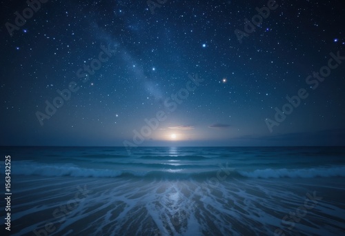 Cielo nocturno tranquilo lleno de estrellas sobre el tranquilo horizonte del océano, olas suaves que reflejan un brillo celestial para la relajación