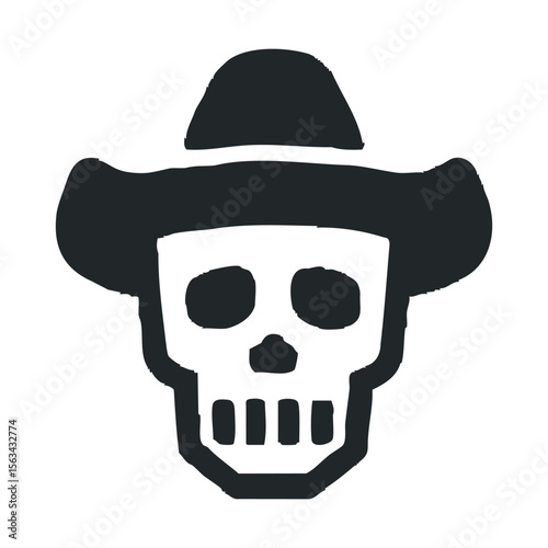 Cowboy skull icon in black and white with hat illustration