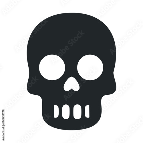 Simple black skull icon with round eyes and teeth on white background
