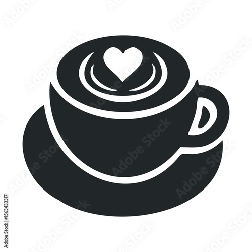 Black and white coffee cup with heart latte art and saucer