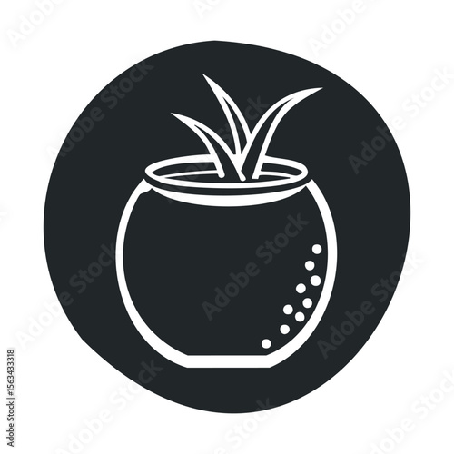 Monochrome fishbowl icon with plant in minimalist black circle design