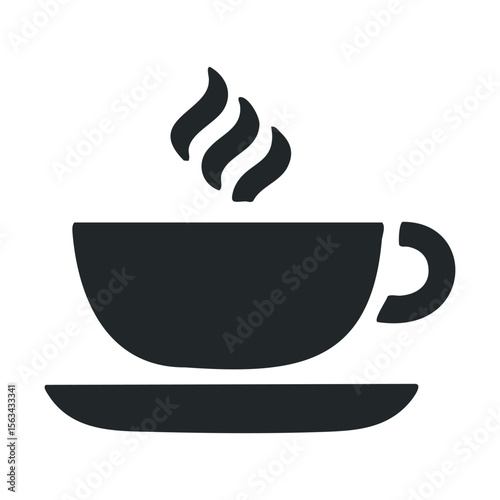 Minimalist black coffee cup icon with steaming hot beverage silhouette