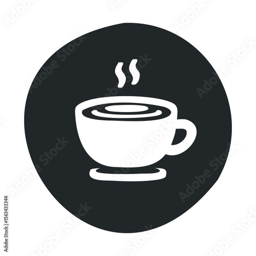 Warm coffee cup icon with steaming beverage on black background