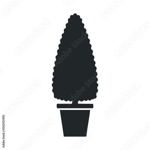 Silhouette of a potted topiary tree isolated on white background