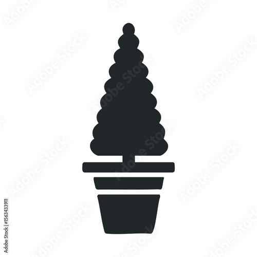 Silhouette of a potted topiary tree on white background