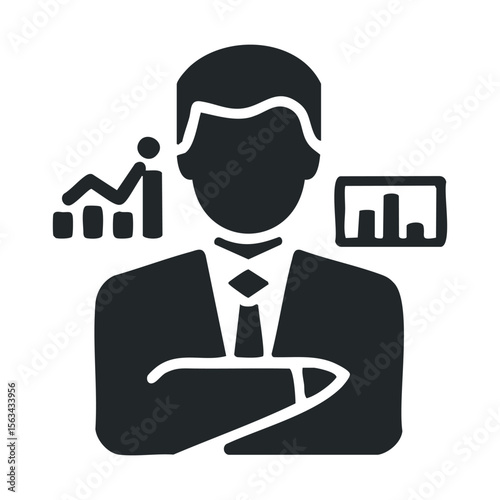 Business icon: male silhouette with graphs indicating growth and success