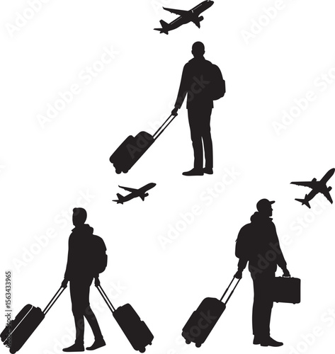 Traveler with Luggage at Airport Journey Silhouette vector illustration