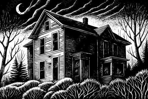 spooky haunted house on a hill with a crescent moon, ideal for Halloween designs, spooky invites, or horror story covers a black and white line art illustration