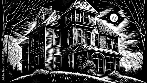 spooky haunted house on a hill with a crescent moon, ideal for Halloween designs, spooky invites, or horror story covers a black and white line art illustration