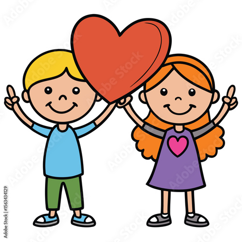 Adorable Cartoon Kids Holding a Heart Peace, Love, and Friendship Illustration