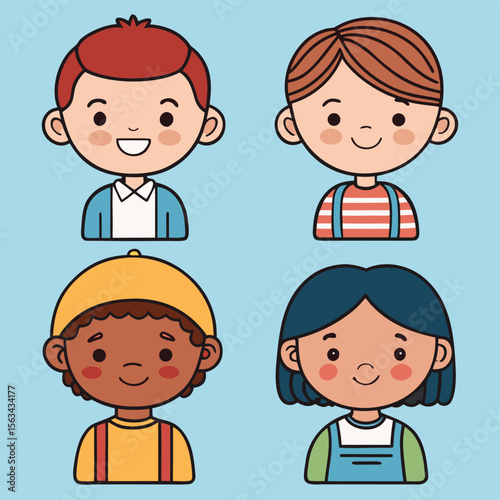 Adorable Set of Cute Doodle-Style Child Avatars Smiling Faces for Design Projects
