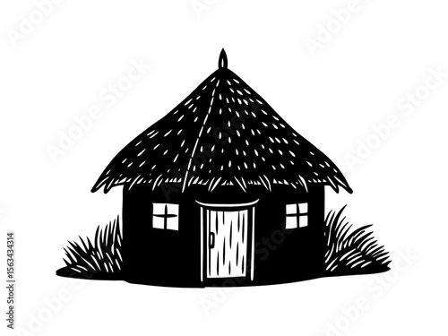 Rustic hut with thatched roof and grass black and white vector illustration