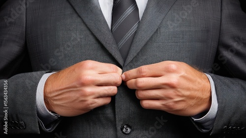 A man in a formal suit adjusting his jacket for a professional appearance