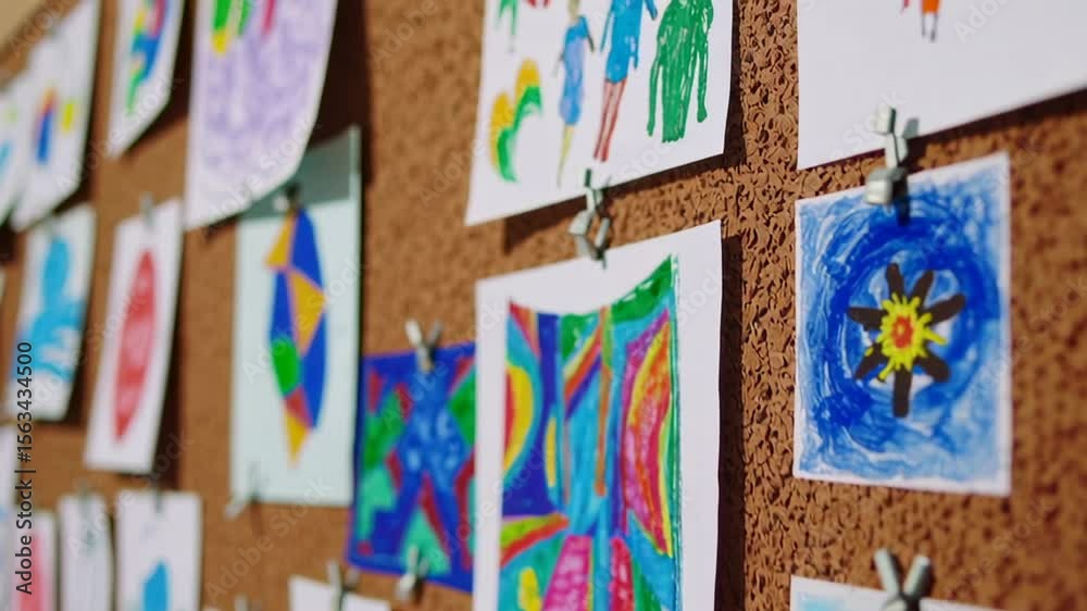 Classroom corkboard displaying vibrant children's artwork, revealing imagination through colorful drawings celebrating youthful creative expression